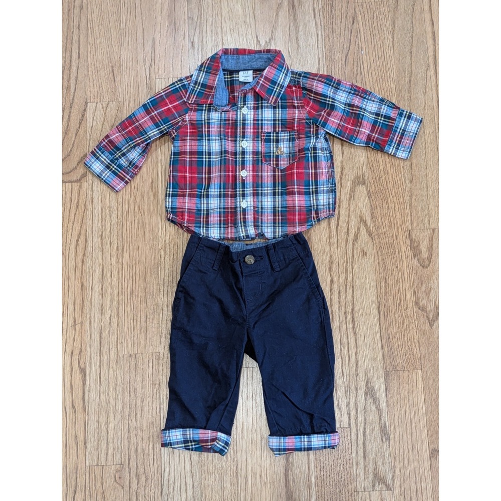 Gap Baby Boy Plaid Shirt & Navy Pants Set 3-6 Months outfit babygap, Christmas